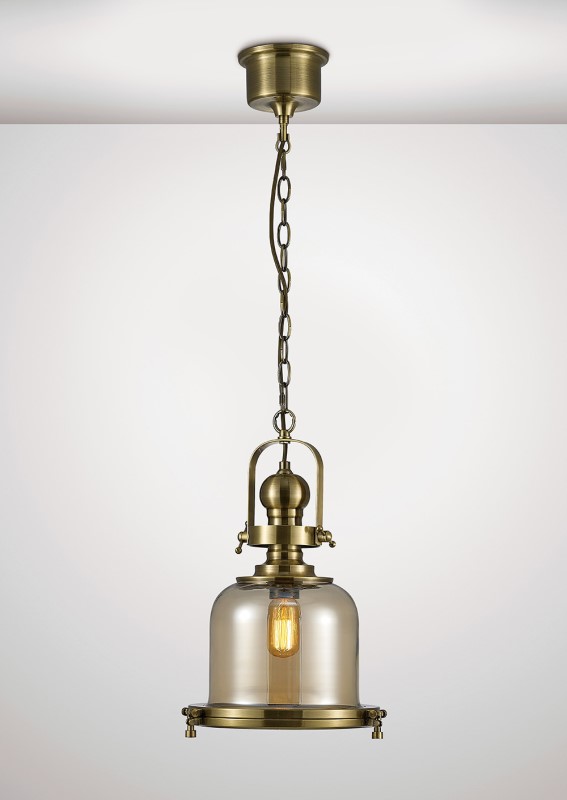 Single Small Bell Pendant 1 Light Antique Brass/Cognac Glass - Click Image to Close
